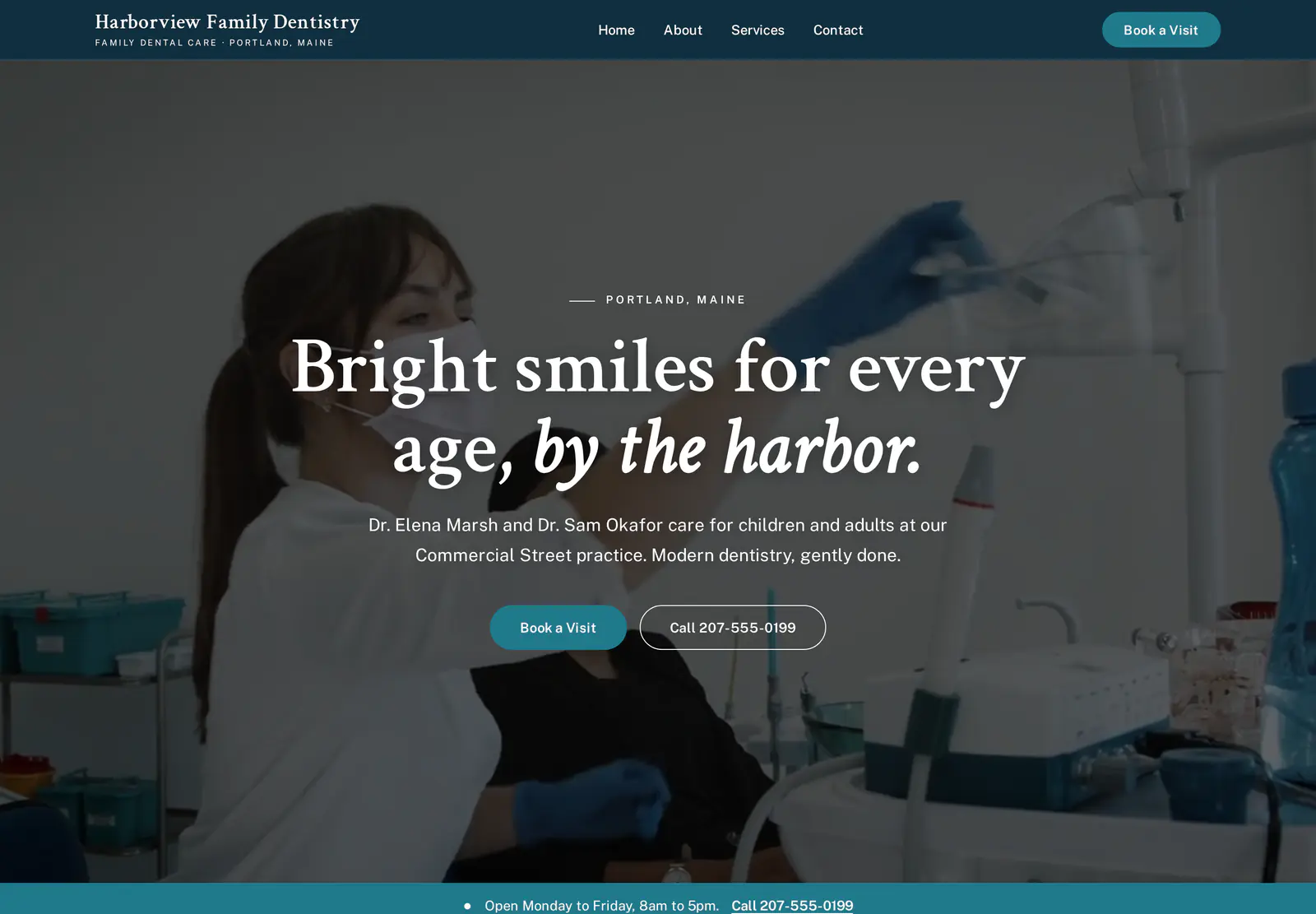 The home page of Harborview Family Dentistry, a made-up practice, as MediEdge Sites built it